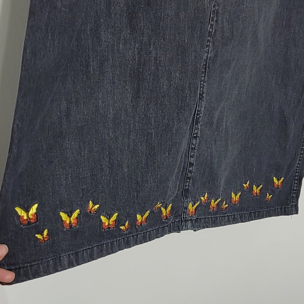 Fancy Denim Vintage Black 100% Cotton Butterfly Embroidered Denim Skirt Large - Picture 5 of 12